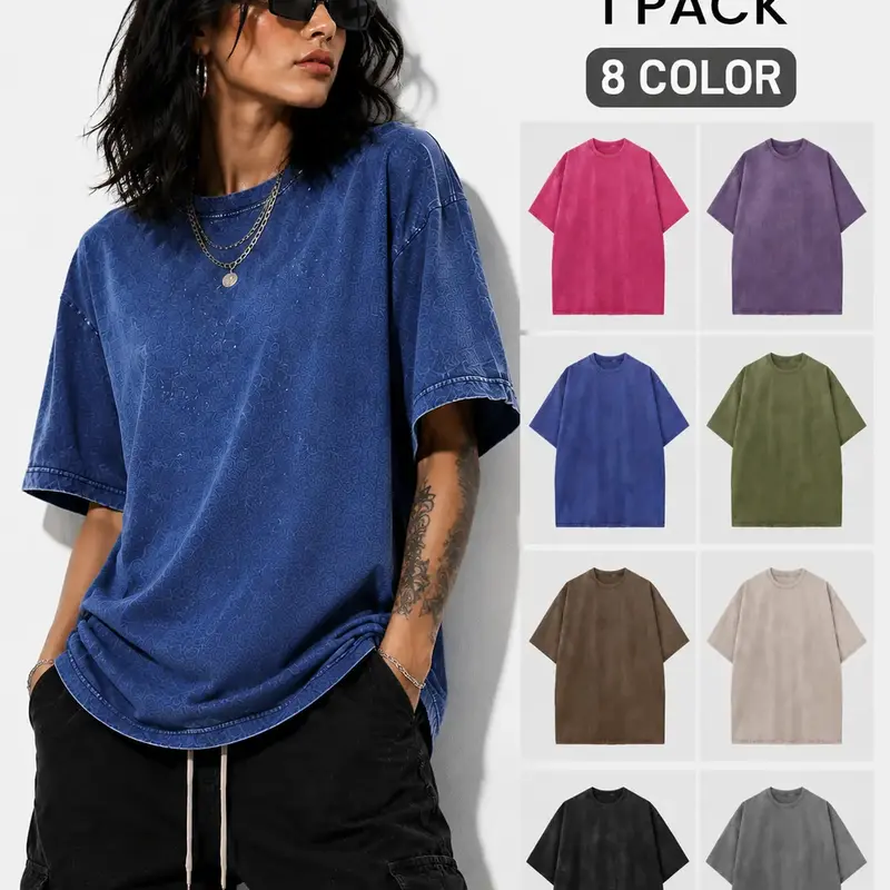 1 Pack Men And Women's Acid Wash Unisex Oversized Cotton T-Shirt 240g Heavyweight Crew Neck Half Short Sleeve Summer Top 100% Cotton Casual Loose Fit Solid Gym Workout Streetwear Comfortable Tees Basic Womenswear Shortsleeve Tshirt Aesthetic