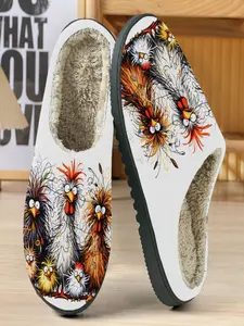 Funny Chicken Print Slippers, Warm Fleece Lining, Anti-Slip Soft Sole, Casual Home Farm Fun, Comfortable Textile Shoes