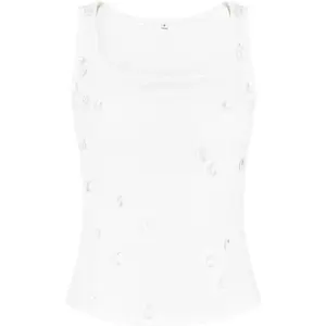 Tank Top Sleeveless Knit Beaded Trim Fitted Ribbed Square Neck White