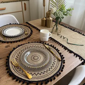 Bohemian round woven jute placemat, fringed hairball printed retro placemat, non-slip and insulated coffee mat