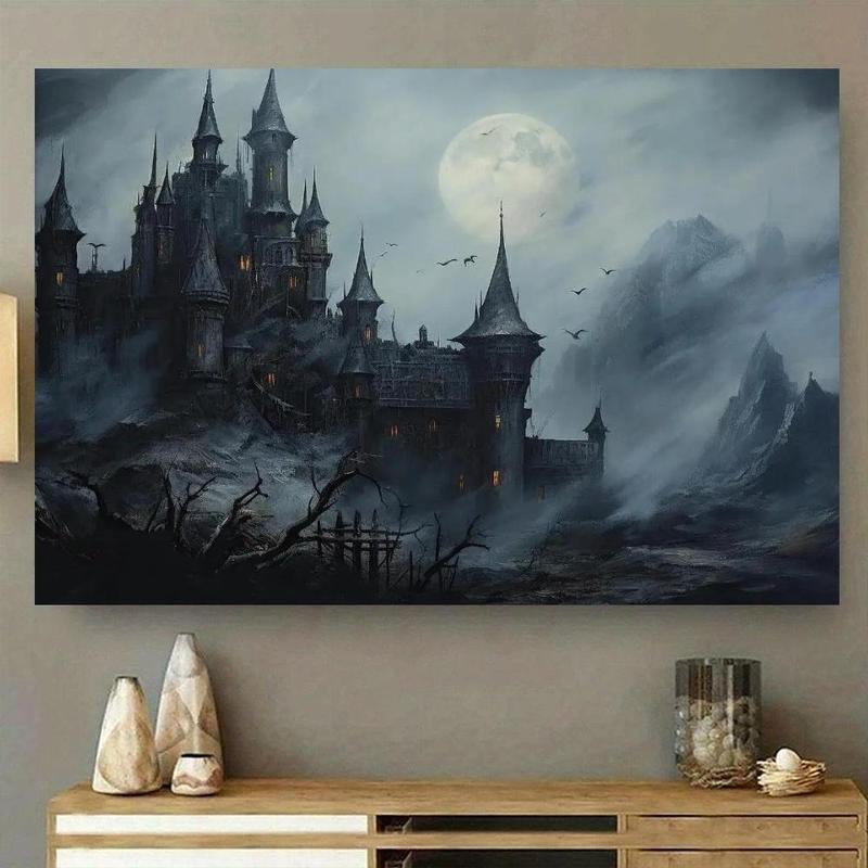 Retro Gothic Dark Theme Solid Wood Framed Mural Decoration, Featuring an Ancient Eerie Castle Wall Art Print for Living Room, Kitchen, or Dormitory with Mysterious and Historic Appeal.
