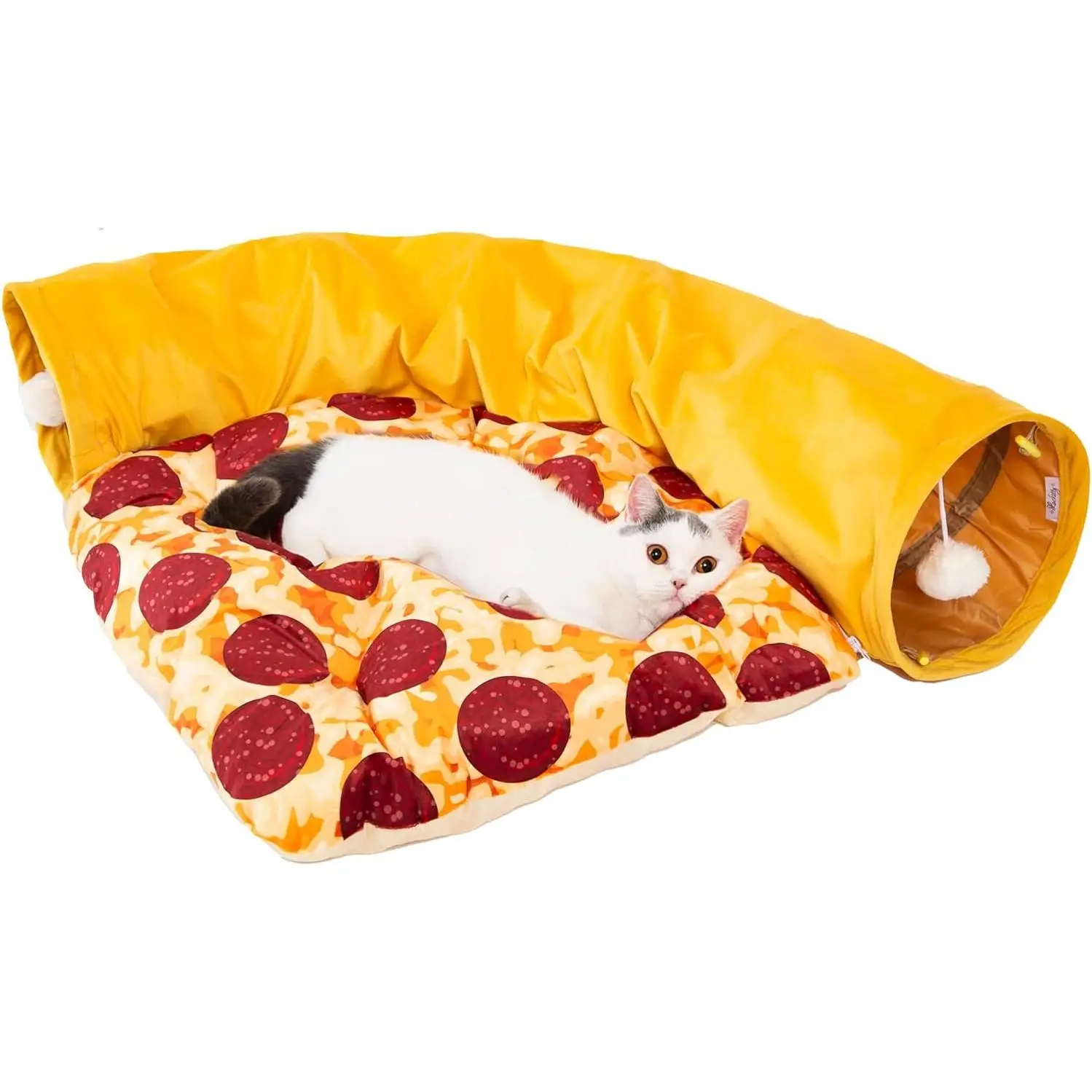 Cat Tunnel Bed - Peek-a-Boo Pizza Shape Design for Cozy and Playful Animals - 9.8 -Inch Diameter Yellow