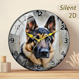 Wooden/glass Wall Clock Modern Fireplace Mantel Watch, German Shepherd Portrait, Battery Driven, Home Decor Gift Choice