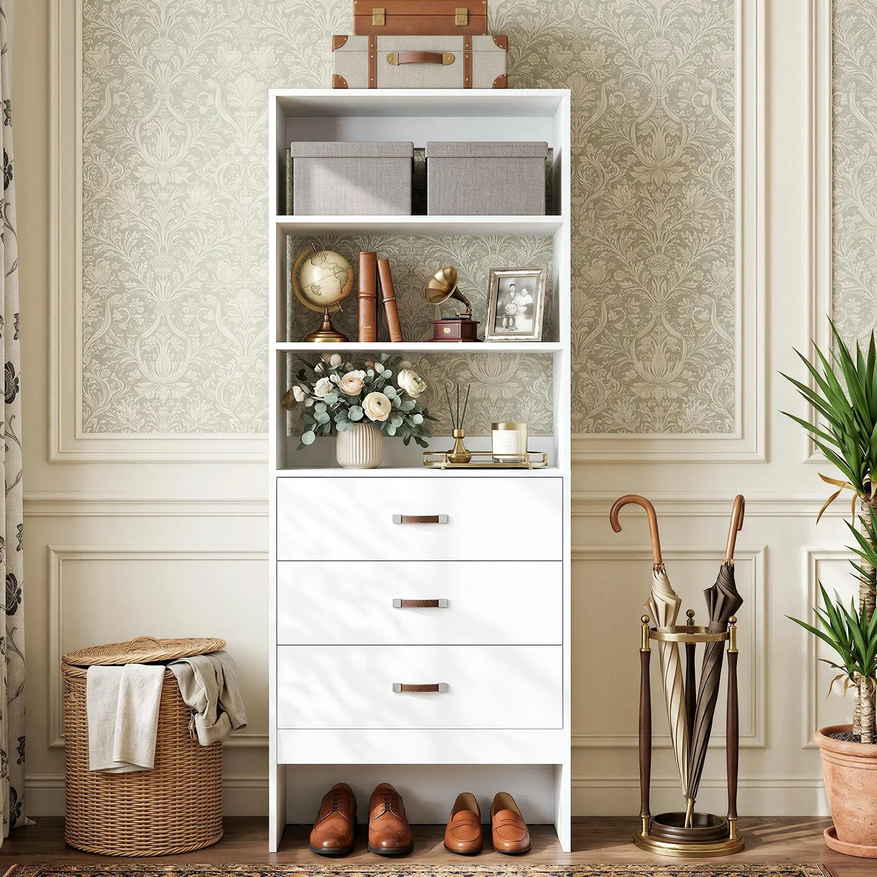 Freestanding 2FT Closet System with Leather Handles, 24" Walk-in Closets Storage Unit with Cabinet, Wood Wardrobe Closet Organizer and Storage with 3 Drawers for Small Space, Laundry