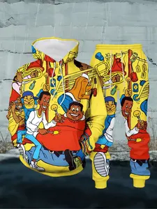 American Retro Style Hoodie Set, Classic Anime 3D Digital Print, Two-Piece, Long Sleeve, Fitted, Fall & Winter Wear
