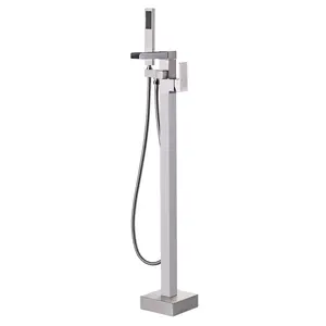 WOWOW Modern Freestanding Waterfall Tub Faucet - Brushed Nickel Solid Brass Floor Mount Tub Filler, 6.74 GPM Max High Flow, Swivel Spout, Water Diverter, Rainfall Handheld Shower, Faucet Attachment, Waterfall Faucet