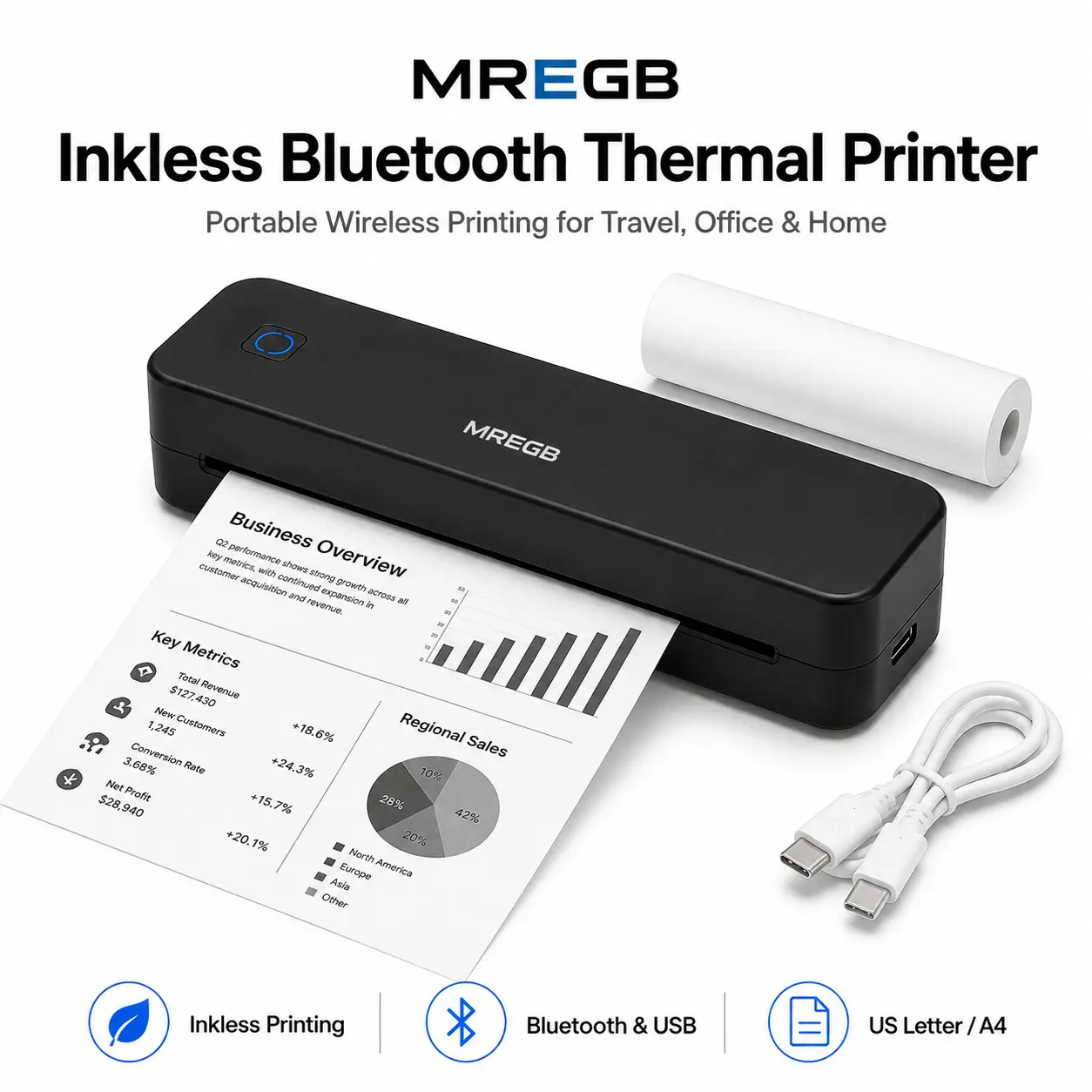 MREGB Inkless Bluetooth Thermal Printer Wireless Portable for Travel Office Home School Supports 8.5x11 US Letter A4 No Ink Needed Compatible with iOS Android Laptops Windows