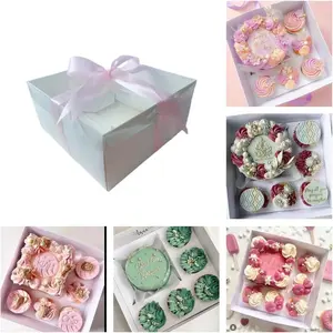 5-Pack Cupcake Box Combo with Full Clear Lid and 1.2 wide ribbon 1 Small Cake and 5 Cupcakes Storage Container, Ribbon and Stickers for Birthday Party, Mother's Day(Pink ribbon)