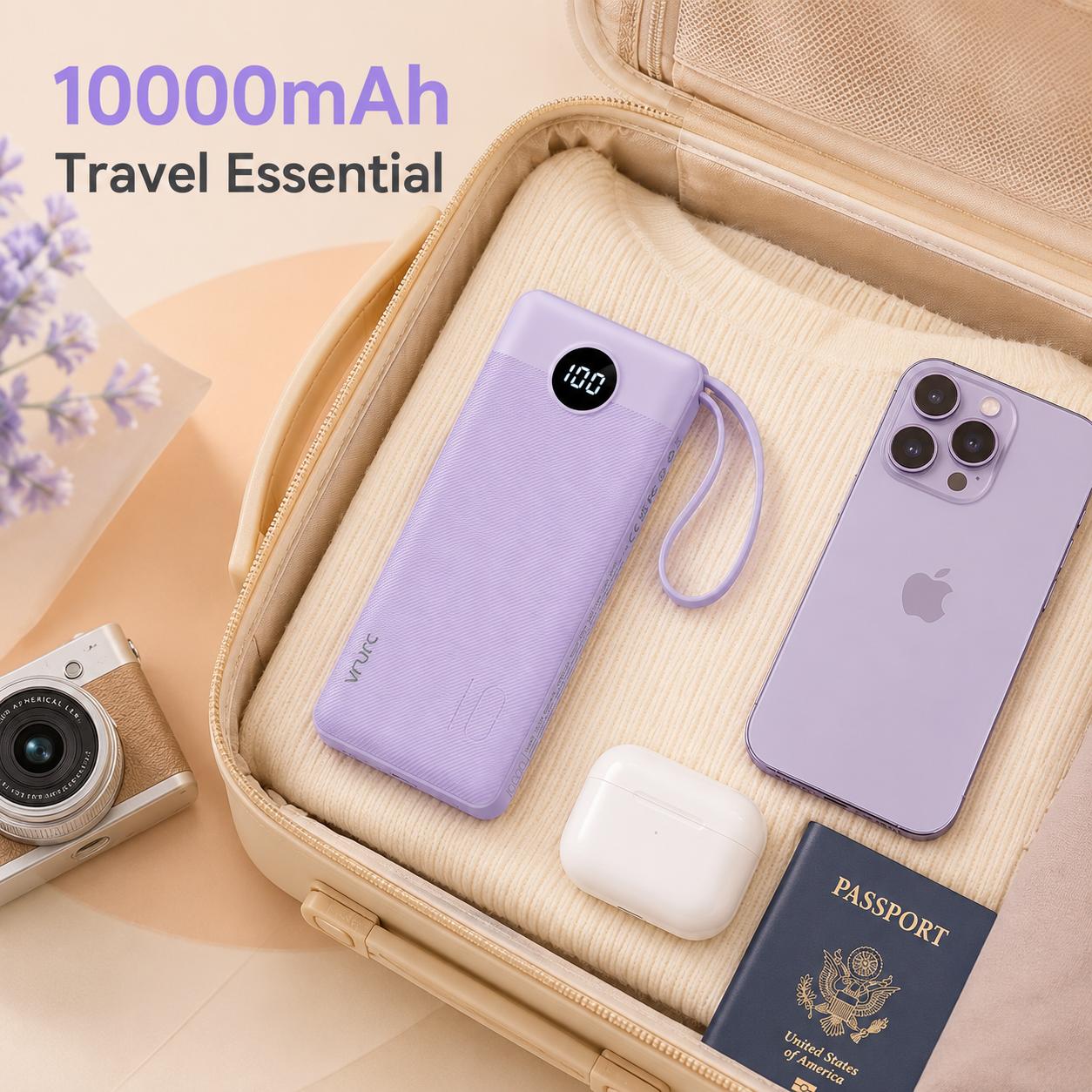 VRURC 10000mAh Portable Charger Power Bank with 4 Built-in Cables, LED Display, Lavender Accessory for iPhone, Samsung – Everyday Carry, Multiple Device Charging Essential, Accessories, Battery Power Bank, Rechargeable Tech