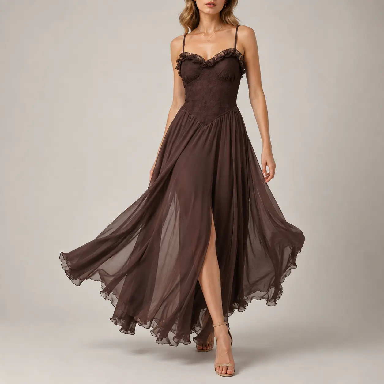 Women’s Vintage Lace Maxi Dress V Neck Spaghetti Strap Sleeveless High Waist Flowy Long Dress Romantic Boho Evening Party Wedding Guest Vacation Dress