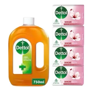 Dettol Antiseptic Liquid 750mL & 4 Skincare Soap 100mL Each  Cleansing