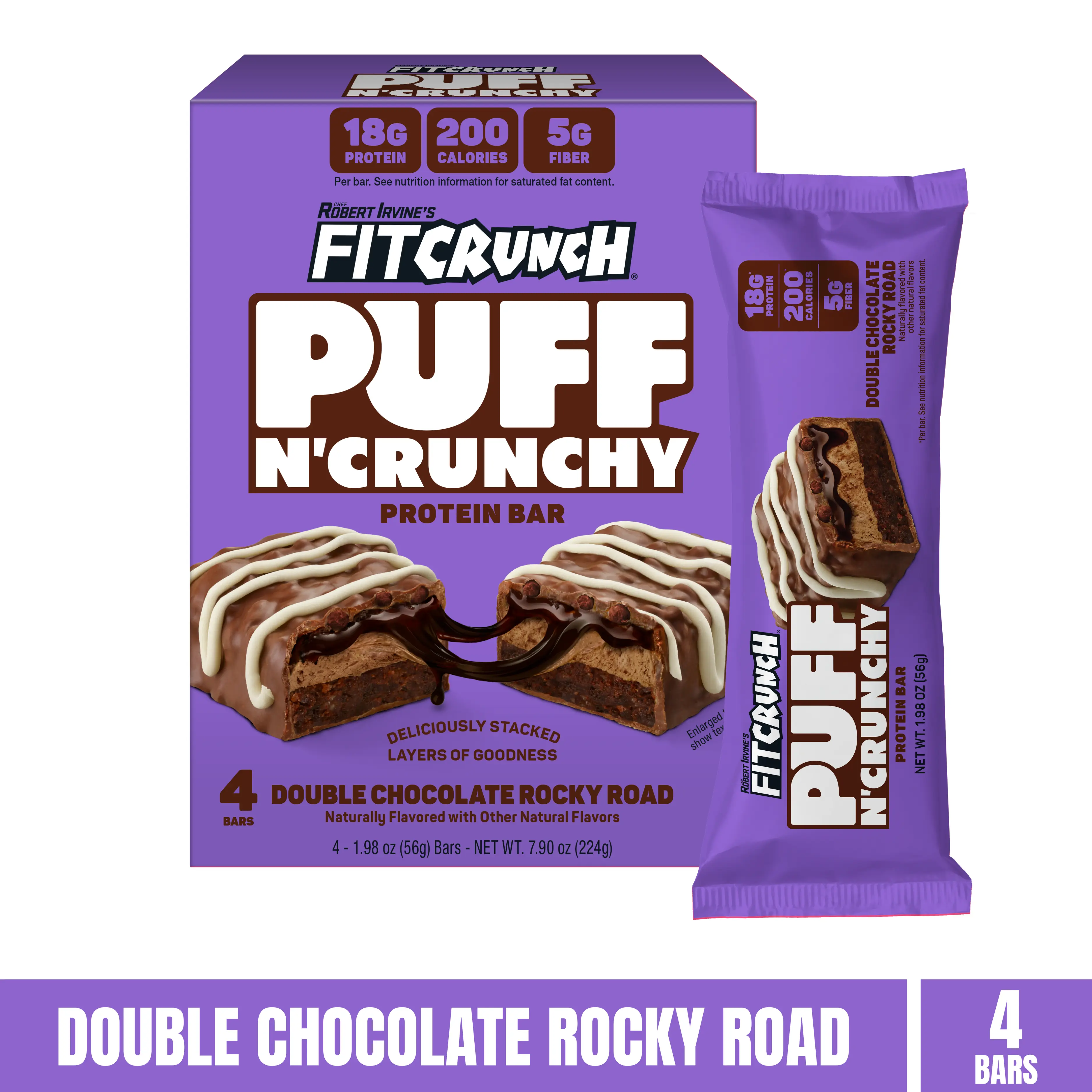 FITCRUNCH New Puff N’ Crunchy Protein Bars, Light Airy Marshmallow Puff Texture, 18g Protein, 5g of Fiber, Low Sugar, 200 Calories (4 Bars, Double Chocolate Rocky Road)