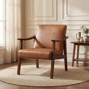 Costoffs Faux Leather Armchair with Solid Wood Legs in Mid-Century Modern Style, Perfect for Living Room, Bedroom, or Guestroom