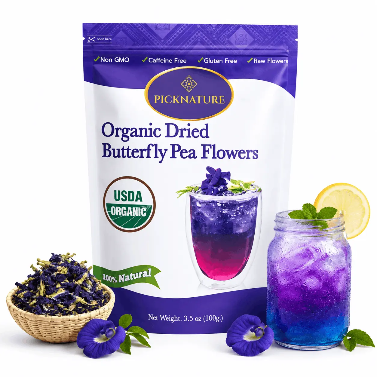 PICKNATURE Organic Dried Butterfly Pea Flower Tea 3.5oz | 300+ Cups | Color-Changing Blue to Purple | Loose Leaf | USDA Organic | Thailand | Large Pack | Cocktails, Lattes & Natural Food Dye
