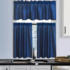 3-Piece Faux Silk Sheer Curtains Set with 2 Tiers 26x36 inch Each & 1 Valance 52x14 inch for Kitchen Bathroom Insulated Blackout Short Festive Christmas Rod Ready-to-Hang langsir bidai blackout sheer Ring brocade blind langsir hook rod gradient cabinet
