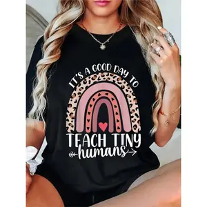 Wo Teacher-Themed T-Shirt With Rainbow And "Teach Tiny Humans" Slogan - Pink And White Lettering Short Sleeve Round Neck Casual Top For Educators, Staff, Childcare - Machine Washable Teacher Apparel Gift