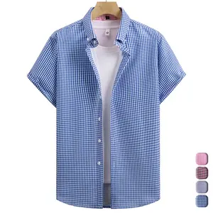 Men’s dress shirt featuring a plaid color-block design; short-sleeve shirt with a turn-down collar, single-breasted front closure, breathable fabric, stylish and versatile for business casual wear. Suitable for summer as a standalone piece or layered; ide