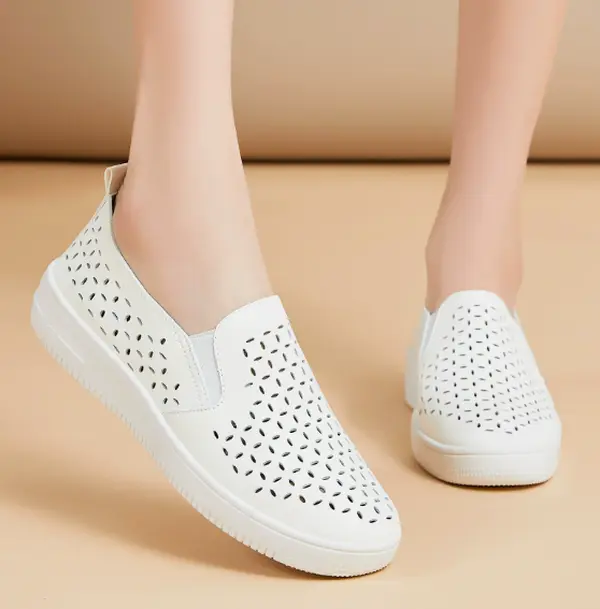 Slip-on casual loafers in soft off-white smooth leather, full hollow cutout perforated upper, lightweight layered creamy cushioned platform sole. Ultra-breathable solid white silhouette perfect for summer daily OOTD reels.