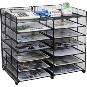 7-Tier 12 Slots Mesh Countertop File Mail Organizer, Adjustable Sliding Shelves, Desktop Paper Organizer Mailbox Cubbies for Office Classroom, Black
