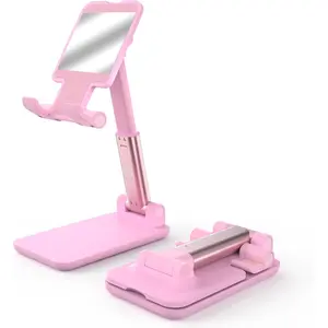 SQ-CPS003 Cell Phone Stand, Angle Height Adjustable Cell Phone Holder for Desk, Fully Foldable with Silicone Pad, Compatible with iPhone and All Mobile Phones Tablet, Sturdy Weighted Base (Pink)