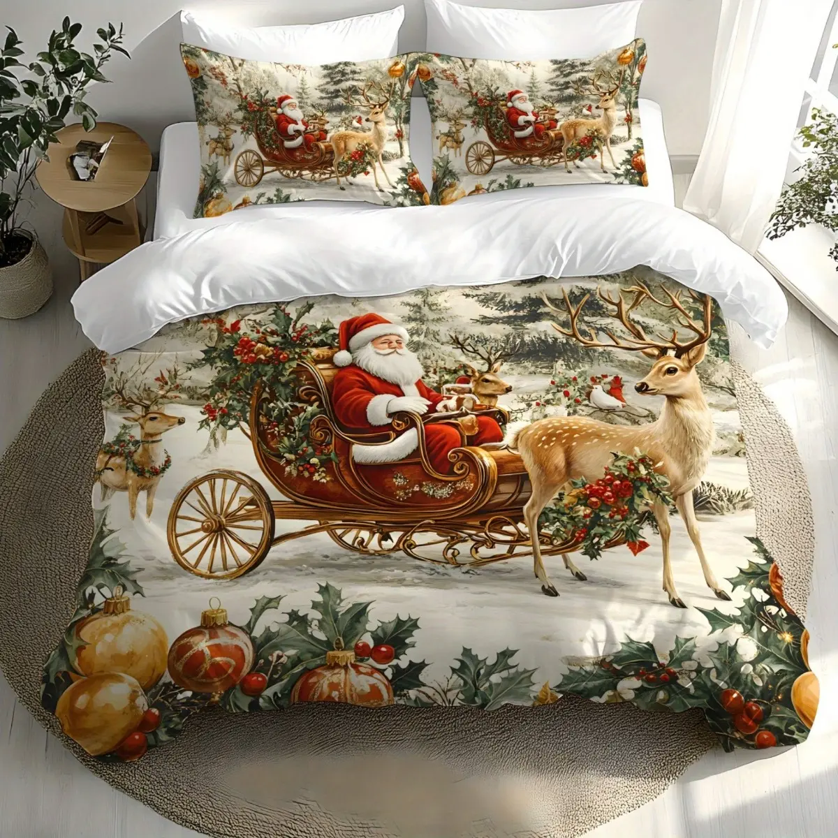 Brushed Cotton 3-Piece Bedding Set (1 Duvet Cover + 2 Pillowcases, No Inserts) - Santa Claus Reindeer Christmas Floral Pattern, Soft, Warm, Skin-Friendly, Breathable, All-Seasons Bedding Gift for Couples, Creative Christmas Floral, Gift For Giving