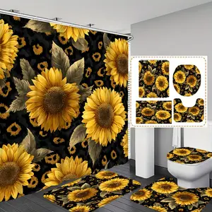 1pc/4pc Sunflower Leopard Pattern  printed shower curtain, shower curtain set with 12 hooks. The shower curtain set includes a bath mat, U-shaped floor mat, toilet seat cushion, bathroom accesso