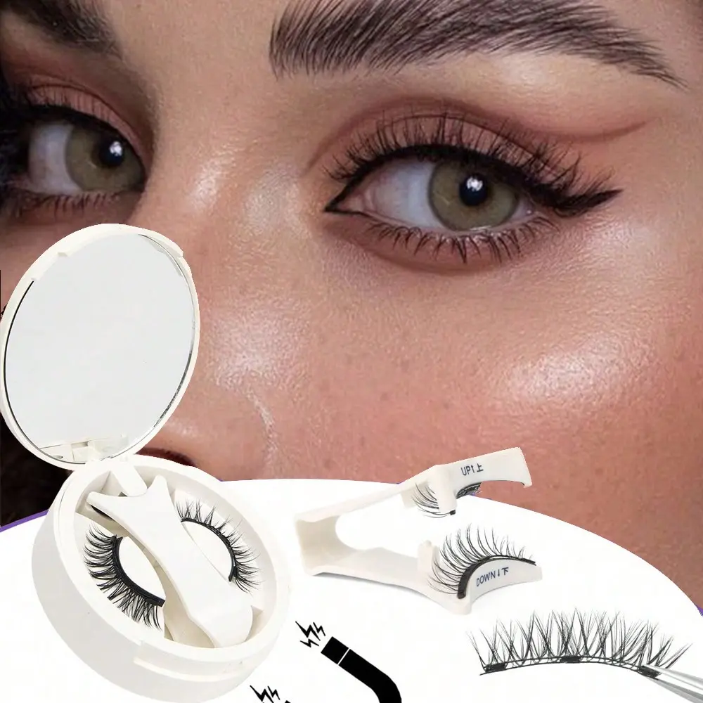 1 Pair   Magnetic Eyelashes with Applicator Reusable Magnetic Lashes Kit Volume Curl Lashes Waterproof No Glue Needed Volumized False Eyelashes for Sensitive Eyes
