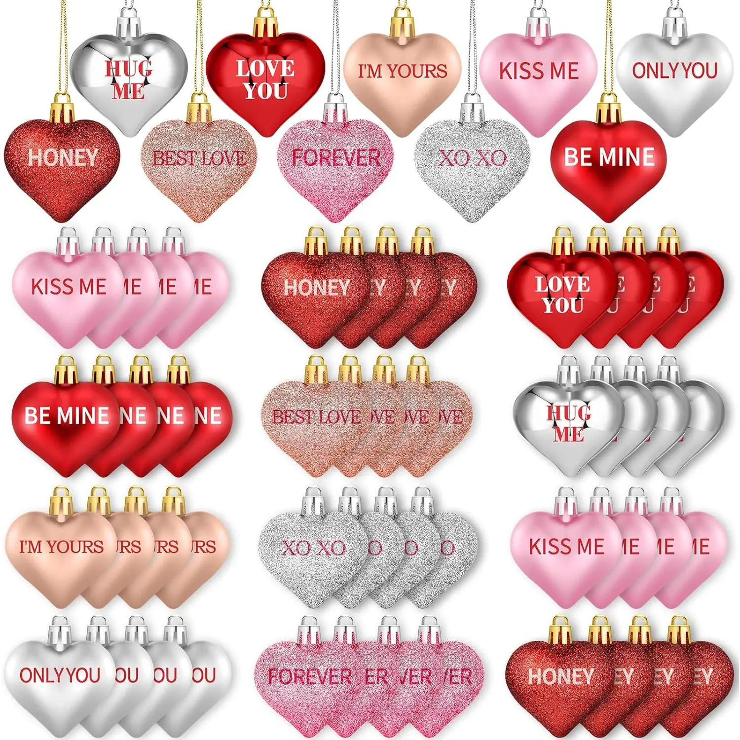 70Pcs Valentine's Day Heart Shaped Ornaments with Sweet Love Words, 10 Styles Valentine Heart Ornaments for Tree, Red Pink Glitter Heart Shaped Valentine's Hanging Decorations for Wedding Anniversary