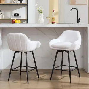 2-Piece 26" Modern Swivel Bar Stools - Sherpa Fabric Counter Height Stools with Backs & Metal Legs for Kitchen Island, Brown PU & Cream White
