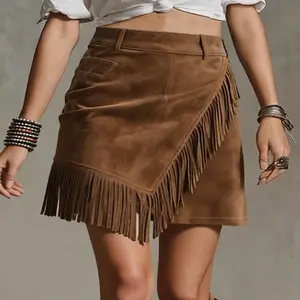 Woman's Faux Suede High Waist Bodycon Mini Skirt Asymmetric Fringe Camel Retro American Western Soft Breathable Versatile Casual Skirt For Street Dating Camping Music Festival