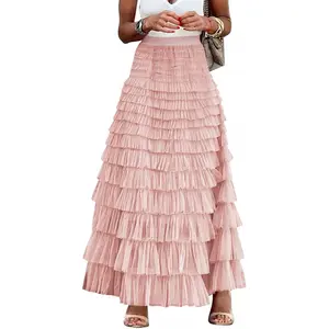 Women's Long Sheer Tulle Skirt A-line Ruffled High Waist Layered Mesh Petticoat