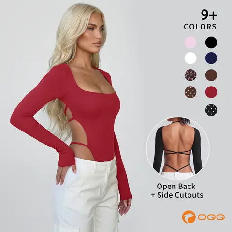 OQQ Women's Sexy Fitted Long Sleeve Square Neck Criss-Cross Back-Cutout Bodysuit - Flattering Chic Trending Women's Going Out Tops for College Party, Women's Tops