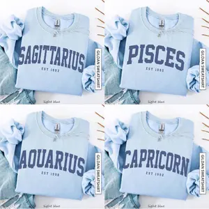 (LEAVE A NOTE OR DM SHOP) Personalized Zodiac Sweatshirt with Custom Year - Light Blue, Astrology Crewneck Pullover, Cute Horoscope Gift, Unisex Star Sign Birthday Outfit for Zodiac Lovers - AL