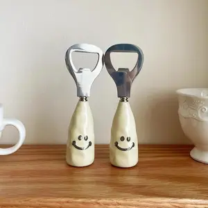2-Pack Cute Smiley Face Beer Bottle Openers with Ceramic Handle, Standable Bottle Openers, Creative Stainless Steel Cap Openers
