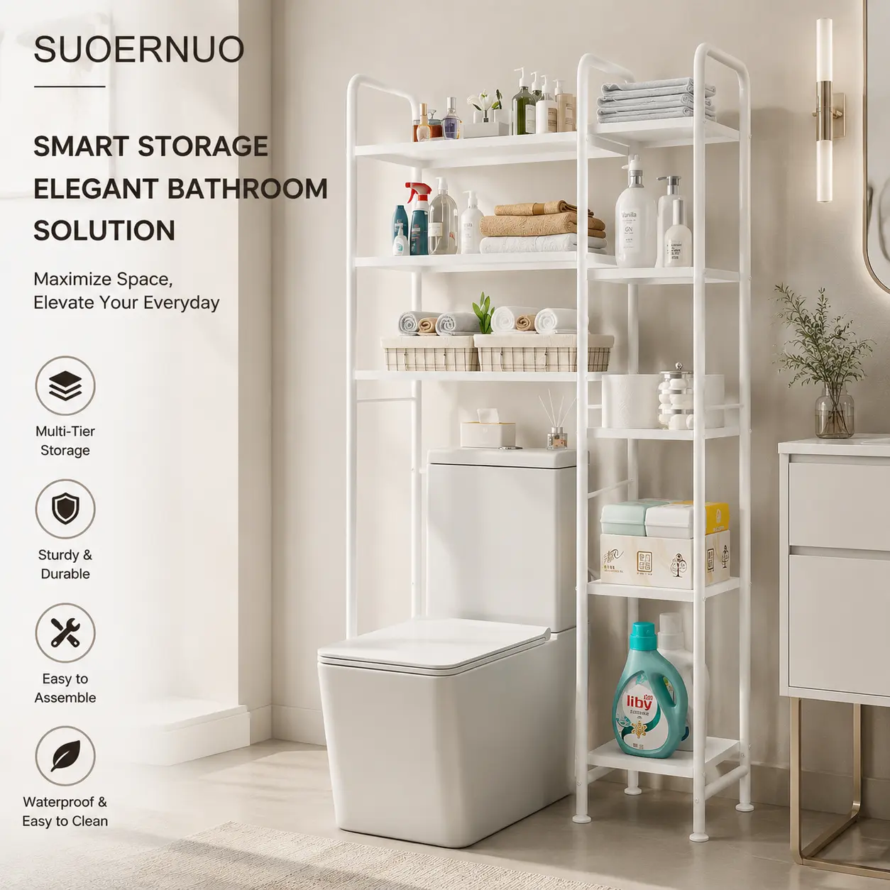 SUOERNUO Freestanding Over-The-Toilet Metal Storage Shelf, Multifunctional Waterproof Bathroom Organizer, Space-Saver with Bathroom Decor Ideas