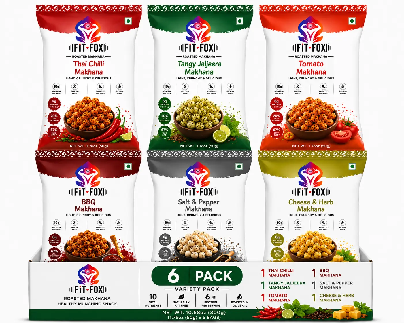 FIT FOX Snack Variety Pack – Roasted Lotus Seeds, Gluten Free, Crunchy & Light, Pack of 6,|Includes Thai Chilli,Tangy Jaljeera,Tomato,Barbecue,Salt & Pepper & Cheese & Herb |Fox Nuts (Lotus Seeds) | Roasted in Olive Oil | Gluten-Free Snack (Variety Pack)