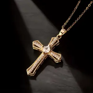 LunaStdla Dazzling Golden Cross Necklace - Trendy Hiphop Cross Zirconia Pendant Necklace Choker Easter Necklace for Women Men Unisex Girls Boys,Vintage Design for Daily Party Clothing Decor Perfect GIft Choice
