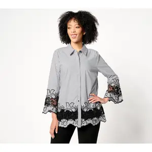 Dennis Basso Petite Cotton Stretch Yarn Dye Stripe Top w/Lace Trim