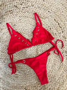 Women's Triangle Bikini Set with Buckle Eyelets, Fashionable Low-Waist Two-Piece Swimsuit, Casual Beachwear for Vacation & Spa, Beach Bikinis, Solid Bikini Set