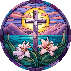 Easter Sign, Religious Easter Lily Sign, DECOE-5169, 10" Metal Round