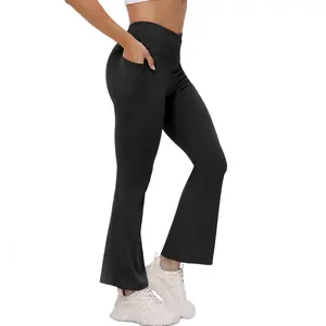 Flare Leggings for Women with Pockets, High Waisted Crossover Bootcut Yoga Pants for Tummy Control, Workout & Casual
