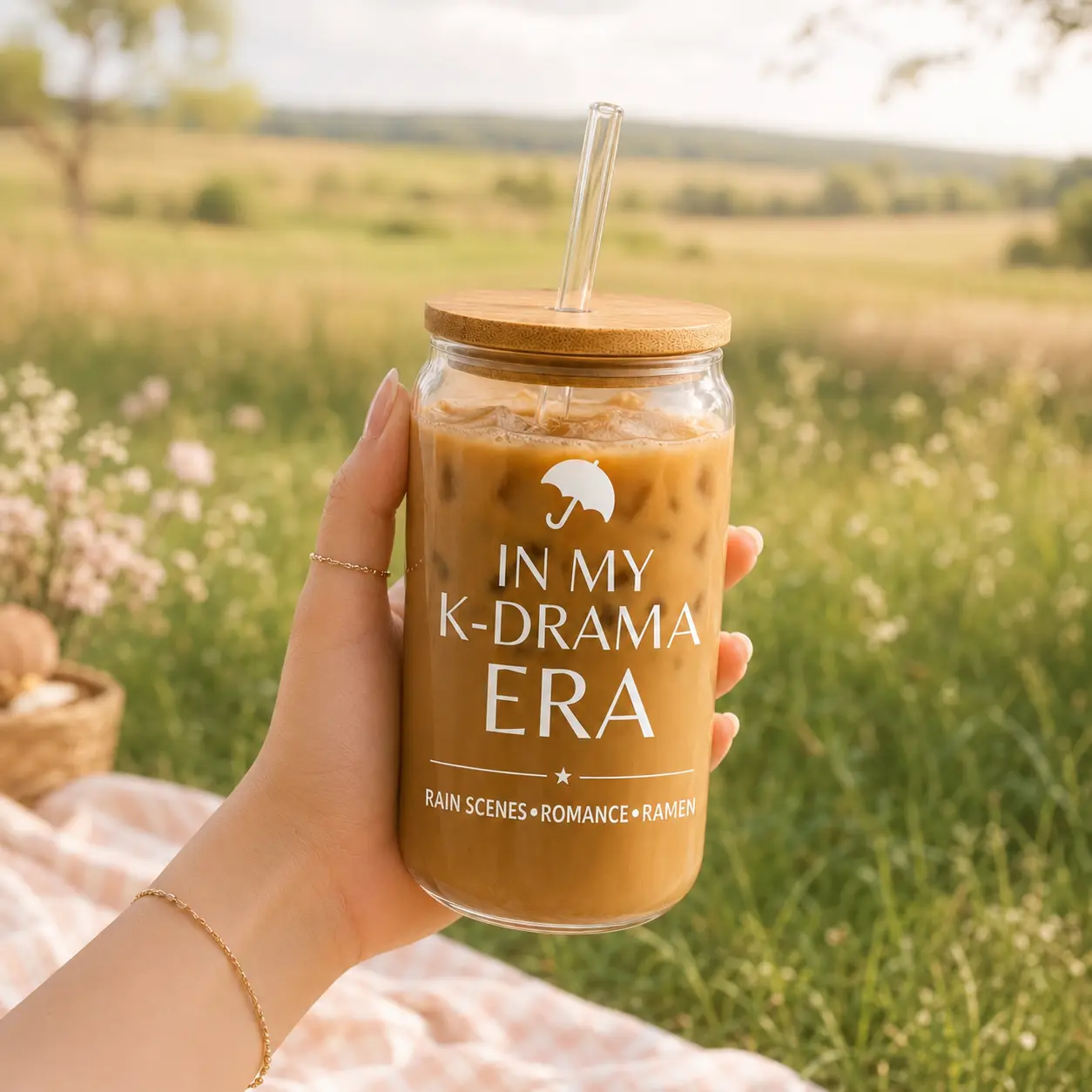 K Drama Glass Cup with Bamboo Lid, Iced Coffee Tumbler, Korean Drama