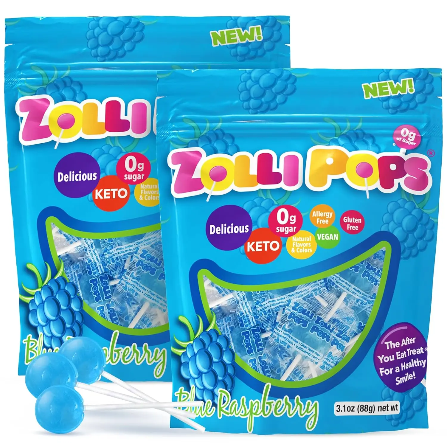 Zollipops Clean Teeth Lollipops Blue Raspberry Flavor, 6.2 oz Bag, Sugar Free Candy Pops, Dentist Founded, Kid Friendly, Individually Wrapped