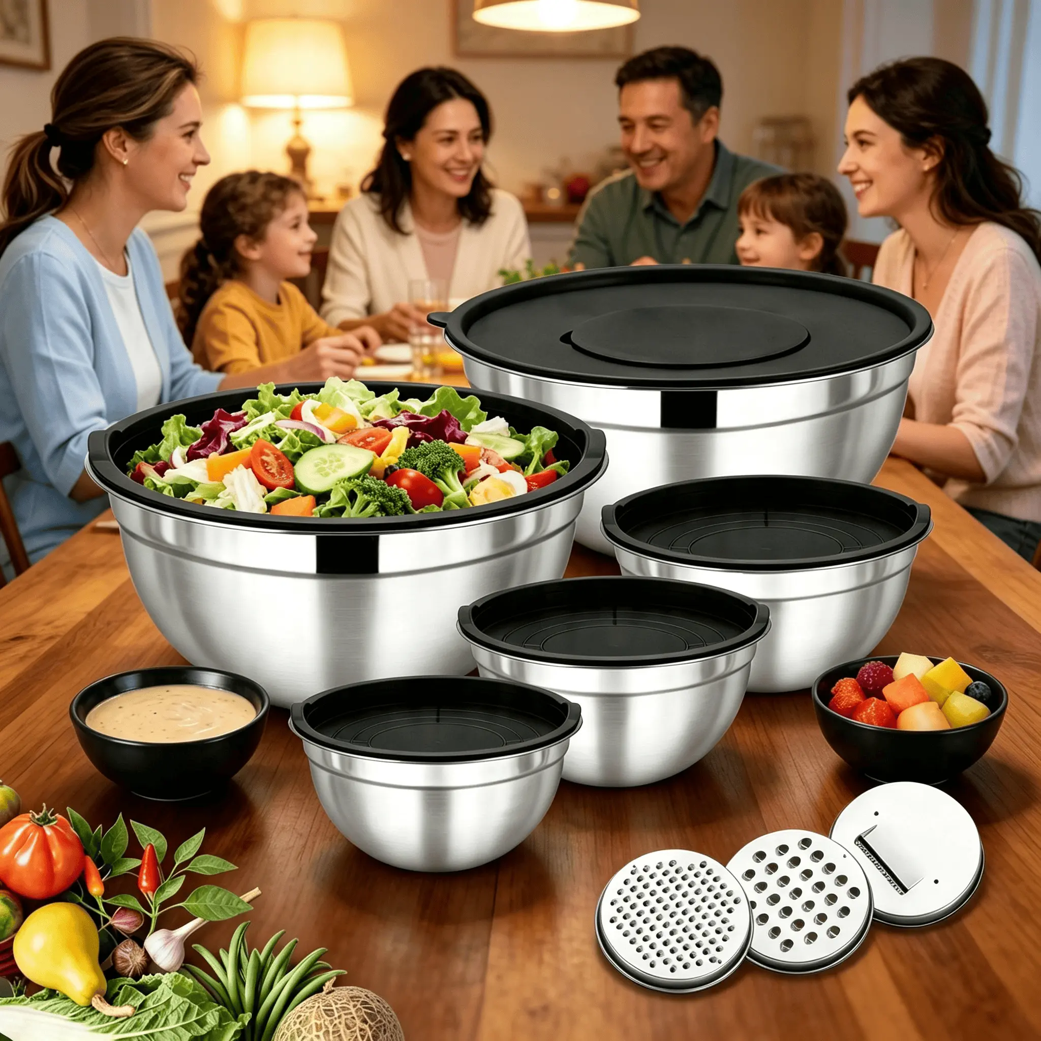 8-piece Black Nesting Mixing Bowls Set with Airtight Color-Coded Sealed Lids, Polished Easy Grip Kitchen Essentials for Cooking Baking Prepping Salad Fruit Serving, Household Utensils, Back To School & Holiday Mother Christmas Gifts