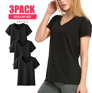 3 Pack Women's 95% Cotton T-Shirts V Neck Classic Fit Short Sleeve Tee Top S - XL Regular Size Workout Breathable Casual Athletic Yoga Solid Tee Lady Womenswear