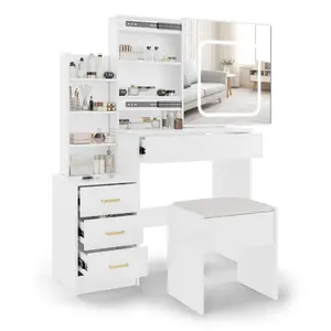 Vanity Desk with Sliding Mirror and Lights 3 Color Adjustable Lighting Modes Power Outlet 4 Drawers Open Shelves & Stool Makeup Dressing Table