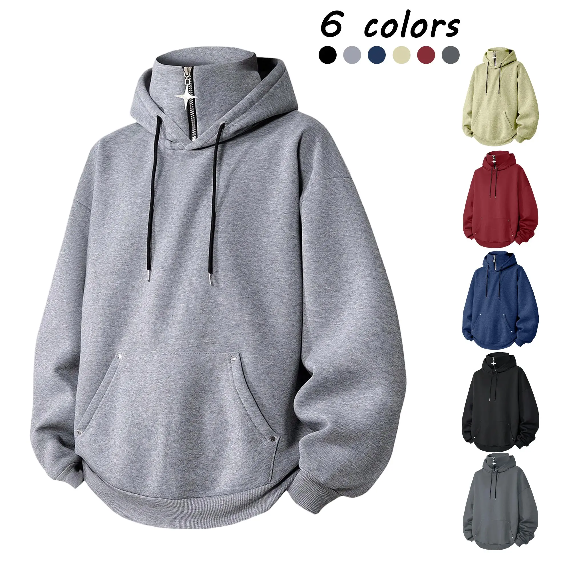 Men’s half-collar zip hoodie sweatshirt, autumn/winter American loose pullover, high-neck casual long-sleeve top
