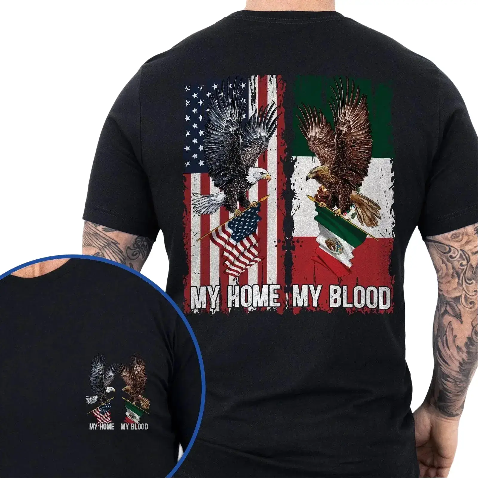 Mexican American Flag Eagle T-Shirt – "My Home My Blood" Shirt for Men| Mexico USA Heritage Tee, Latino Patriotic Shirt, Mexican Roots Shirt for Cinco de Mayo, Independence Day,custom,Retro.