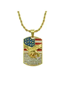 American Flag Eagle Pendant Necklace, featuring flag enamel, 3D golden eagle and full diamond craftsmanship. It is full of American street style and suitable for daily wear by hip-hop trendsetters and American culture enthusiasts.