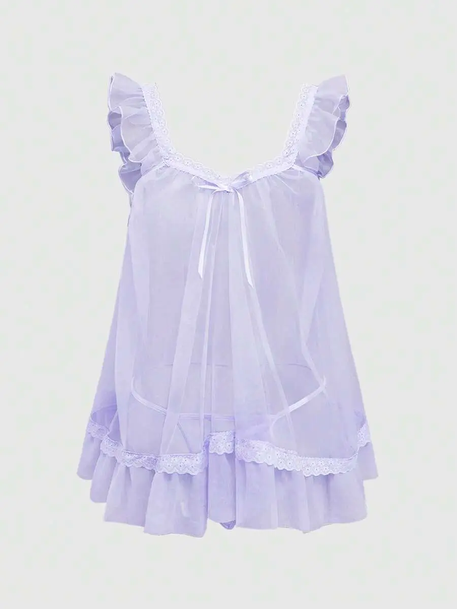 Babydoll Kawaii Cute Loose Sheer Dress, Mesh Lace Patchwork Bow Mini Dress, Sexy Tulle Dress Set